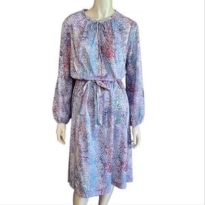 Vintage 70s Handmade Day Dress Small Abstract Print Tie Belt Boho Long Sleeve